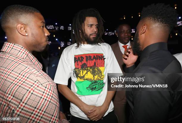 Michael B. Jordan and J. Cole at the 2018 BET Awards at Microsoft Theater on June 24, 2018 in Los Angeles, California.