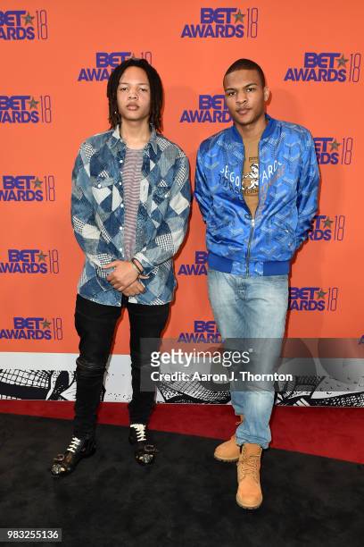 Domani Harris and Messiah Ya' Majesty Harris pose in the press room at the 2018 BET Awards at Microsoft Theater on June 24, 2018 in Los Angeles,...