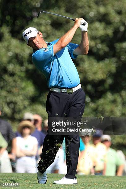 Lee Westwood of England hits his approach shot on the fifth hole during the first round of the 2010 Masters Tournament at Augusta National Golf Club...