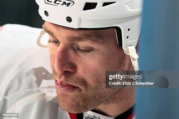 Matt Carkner of the Ottawa Senators cools off prior to the start of the game against the Florida Panthers at the BankAtlantic Center on April 6, 2010...