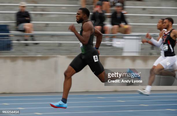 Ameer Webb runs to victory in the Mens 200 Meter Final during day 4 of the 2018 USATF Outdoor Championships at Drake Stadium on June 24, 2018 in Des...