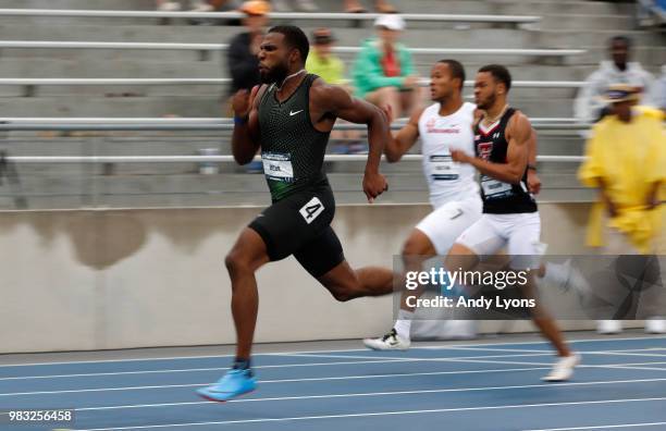 Ameer Webb runs to victory in the Mens 200 Meter Final during day 4 of the 2018 USATF Outdoor Championships at Drake Stadium on June 24, 2018 in Des...