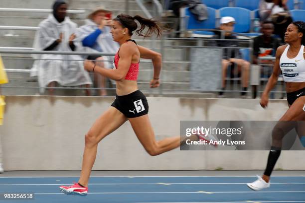 Jenna Prandini runs to victory in the Womens 200 Meter Final during day 4 of the 2018 USATF Outdoor Championships at Drake Stadium on June 24, 2018...