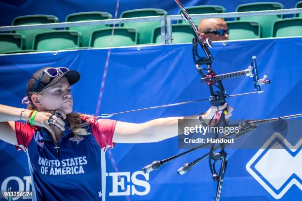 In this handout image provided by the World Archery Federation, Mackenzie Brown of USA during the Women's team finals during the Hyundai Archery...