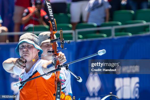 In this handout image provided by the World Archery Federation, Sjef van den Berg of Netherlands during the Men's team finals during the Hyundai...
