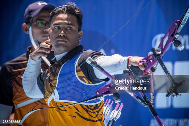 In this handout image provided by the World Archery Federation, Mohamad Khairul Anuar of Malaysia during the Men's team finals during the Hyundai...