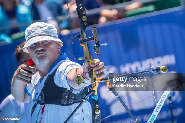 In this handout image provided by the World Archery Federation, Michele Frangilli of Italy during the Men's team finals during the Hyundai Archery...