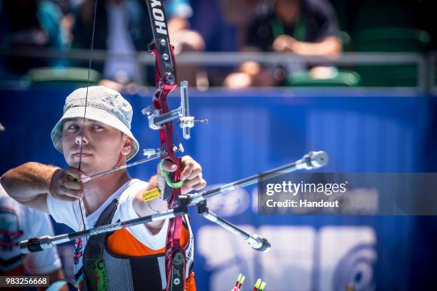 In this handout image provided by the World Archery Federation, Steve Wijler of Netyherlands during the Men's team finals during the Hyundai Archery...