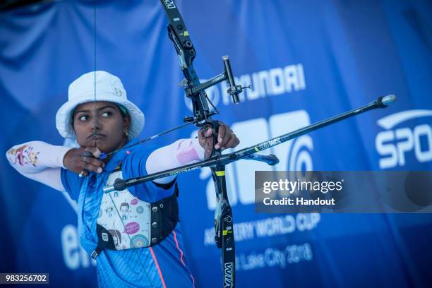 In this handout image provided by the World Archery Federation, Deepika Kumari of India during the Women's finals during the Hyundai Archery World...