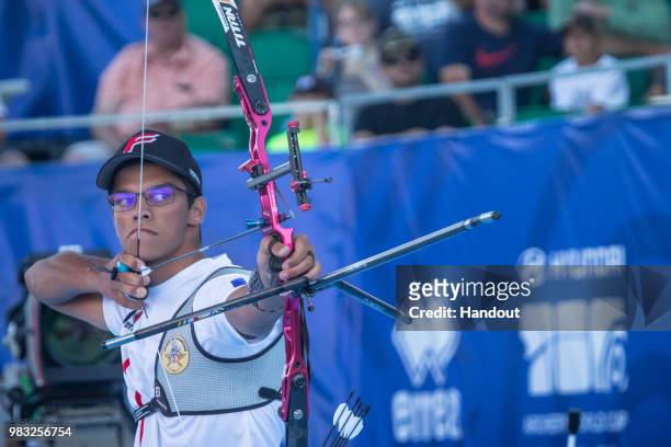 In this handout image provided by the World Archery Federation, Thomas Chirault of France during the Men's finals during the Hyundai Archery World...
