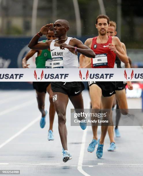 Paul Chelimo runs to victory in the Mens 5,000 Meter Final during day 4 of the 2018 USATF Outdoor Championships at Drake Stadium on June 24, 2018 in...