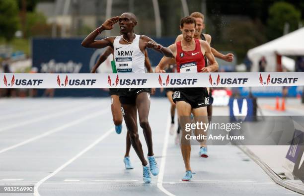 Paul Chelimo runs to victory in the Mens 5,000 Meter Final during day 4 of the 2018 USATF Outdoor Championships at Drake Stadium on June 24, 2018 in...