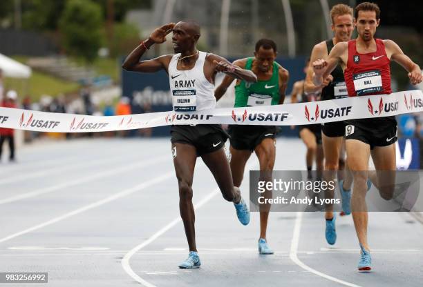 Paul Chelimo runs to victory in the Mens 5,000 Meter Final during day 4 of the 2018 USATF Outdoor Championships at Drake Stadium on June 24, 2018 in...
