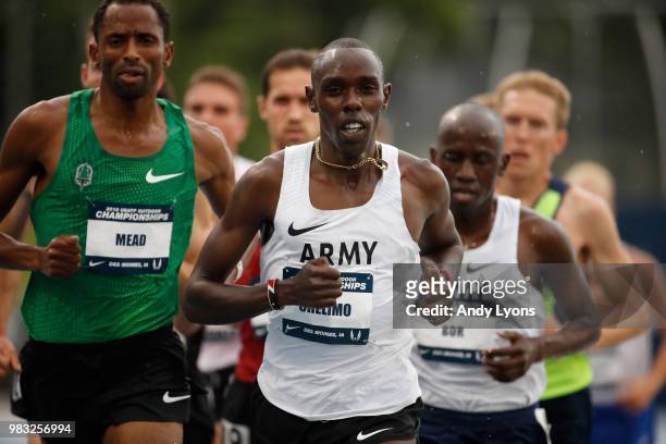 Paul Chelimo runs to victory in the Mens 5,000 Meter Final during day 4 of the 2018 USATF Outdoor Championships at Drake Stadium on June 24, 2018 in...