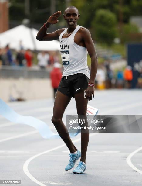 Paul Chelimo celebrates after running to victory in the Mens 5,000 Meter Final during day 4 of the 2018 USATF Outdoor Championships at Drake Stadium...