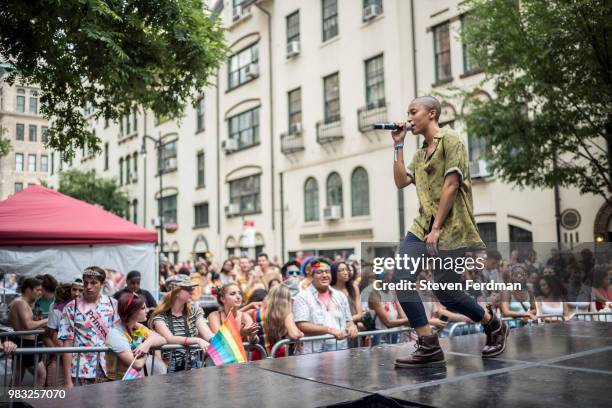 Delia Dane performs on stage at PrideFest during the 2018 New York City Pride March on June 24, 2018 in New York City.