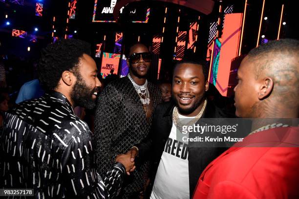 Donald Glover, 2 Chainz, Meek Mill, and YG attend the 2018 BET Awards at Microsoft Theater on June 24, 2018 in Los Angeles, California.