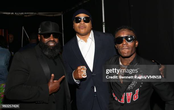 Black Thought, LL Cool J and Lil Uzi Vert are seen backstage at the 2018 BET Awards at Microsoft Theater on June 24, 2018 in Los Angeles, California.