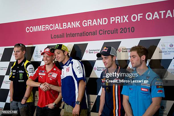 Ben Spies of USA and Monster Yamaha Tech 3, Casey Stoner of Australia and Ducati Marlboro Team, Valentino Rossi of Italy and Fiat Yamaha Team, Andrea...