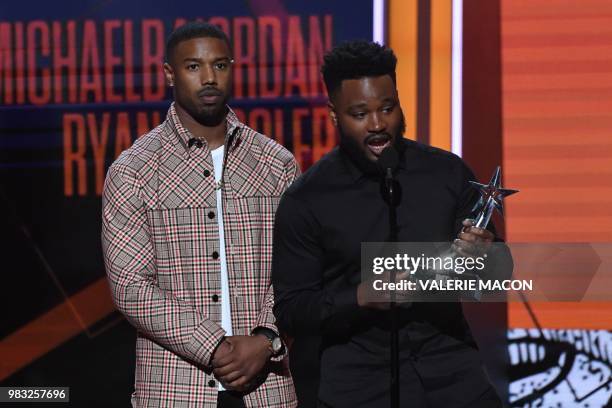 Michael B. Jordan and director Ryan Coogler accept Best Movie for 'Black Panther' onstage during the BET Awards at Microsoft Theatre in Los Angeles,...