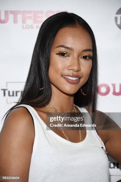 Actress Karrueche Tran arrives at a special screening of TNT's "CLAWS" with TurnOUT LA and OUTFEST at the Los Angeles LGBT Center on June 24, 2018 in...