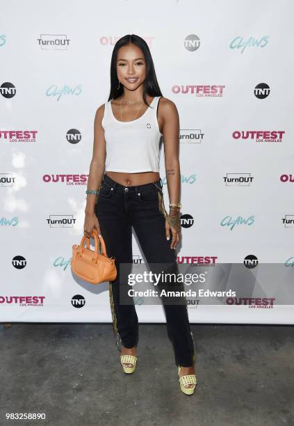 Actress Karrueche Tran arrives at a special screening of TNT's "CLAWS" with TurnOUT LA and OUTFEST at the Los Angeles LGBT Center on June 24, 2018 in...