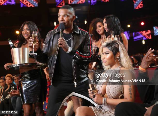 Host Jamie Foxx and Nicki Minaj attend the 2018 BET Awards at Microsoft Theater on June 24, 2018 in Los Angeles, California.