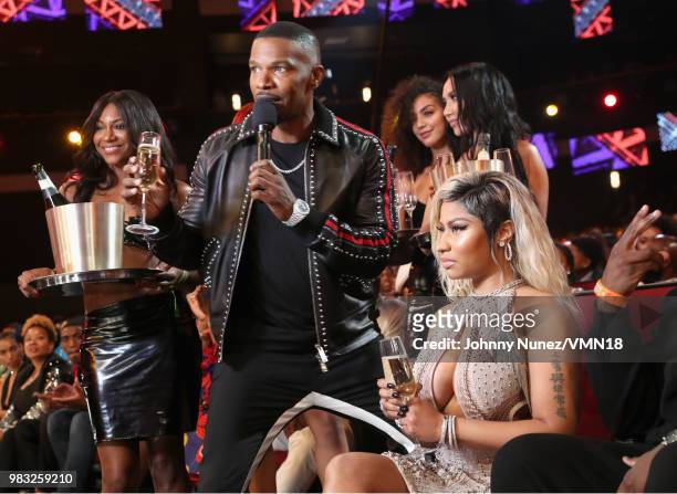 Jamie Foxx and Nicki Minaj onstage at the 2018 BET Awards at Microsoft Theater on June 24, 2018 in Los Angeles, California.