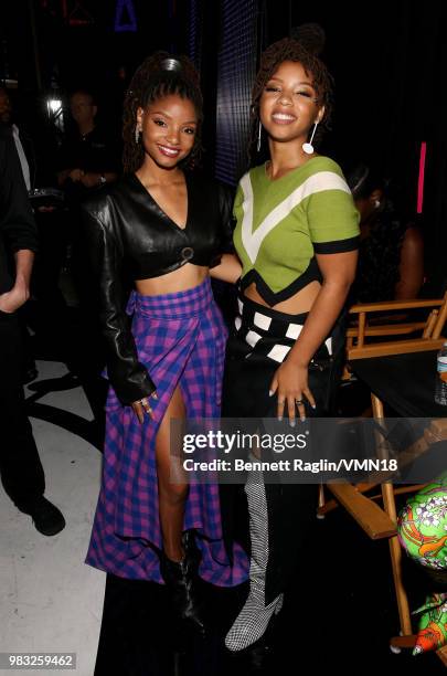 Halle Bailey and Chloe Bailey are seen backstage at the 2018 BET Awards at Microsoft Theater on June 24, 2018 in Los Angeles, California.