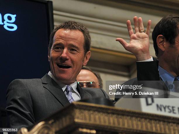 Actor Bryan Cranston rings the opening bell at the New York Stock Exchange on April 8, 2010 in New York City.