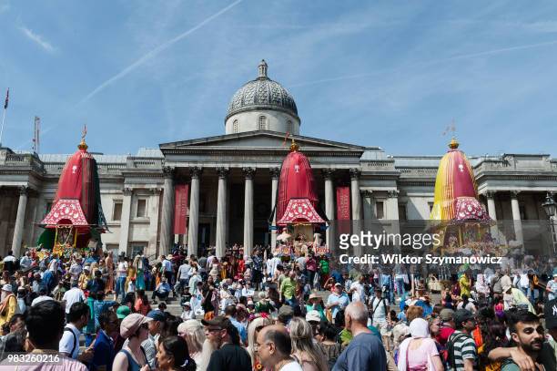 Hare Krishna devotees celebrate the annual Rathayatra festival in a colourful procession through central London. Rathayatra refers to the wooden...
