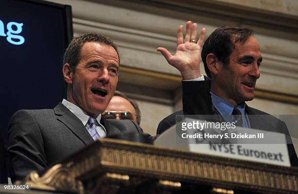 Actor Bryan Cranston rings the opening bell at the New York Stock Exchange on April 8, 2010 in New York City.
