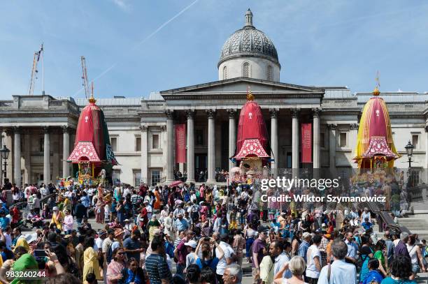 Hare Krishna devotees celebrate the annual Rathayatra festival in a colourful procession through central London. Rathayatra refers to the wooden...