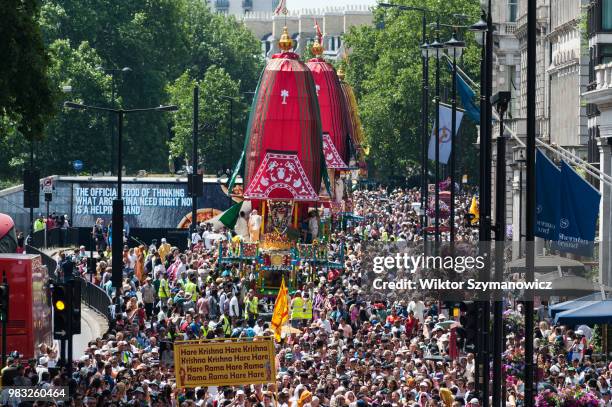 Hare Krishna devotees celebrate the annual Rathayatra festival in a colourful procession through central London. Rathayatra refers to the wooden...