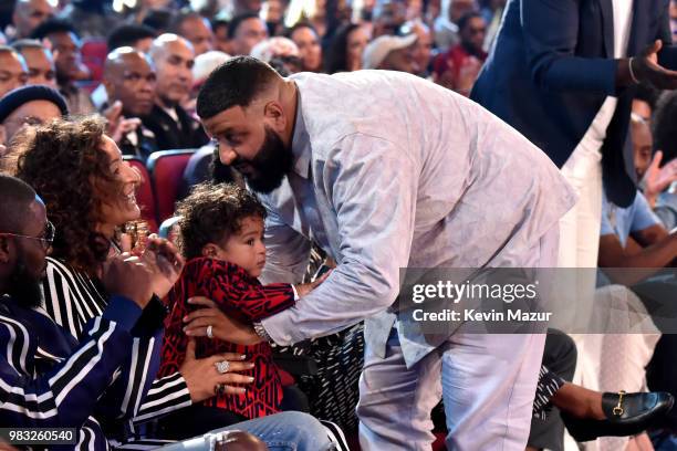 Nicole Tuck, Asahd Khaled and DJ Khaled seen at the 2018 BET Awards at Microsoft Theater on June 24, 2018 in Los Angeles, California.