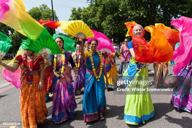 Hare Krishna devotees celebrate the annual Rathayatra festival in a colourful procession through central London. Rathayatra refers to the wooden...