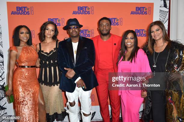 Gabrielle Dennis, Alyssa Goss, Bobby Brown, Woody McClain, Sandi McCree, and Alicia Etheredge pose in the press room at the 2018 BET Awards at...