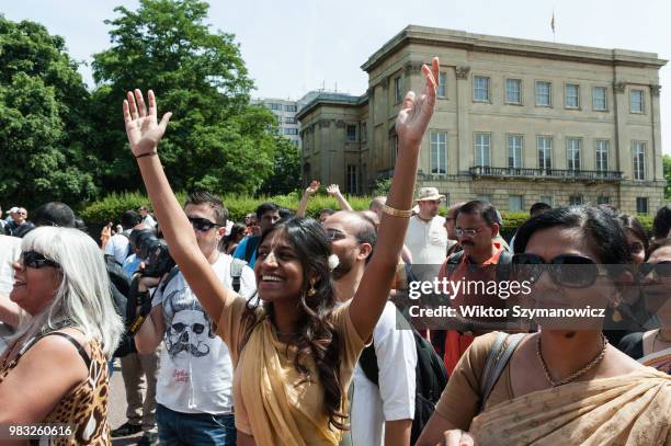 Hare Krishna devotees sing and dance ahead of the annual Rathayatra procession through central London. Rathayatra refers to the wooden chariots...