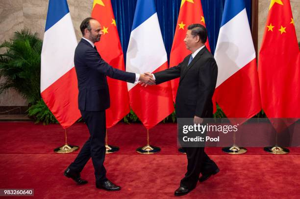 China's President Xi Jinping meets French Prime Minister Edouard Philippe at the Great Hall of the People in Beijing on June 25, 2018.