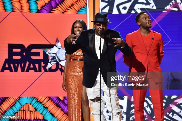 Gabrielle Dennis, Bobby Brown, and Woody McClain speak onstage at the 2018 BET Awards at Microsoft Theater on June 24, 2018 in Los Angeles,...