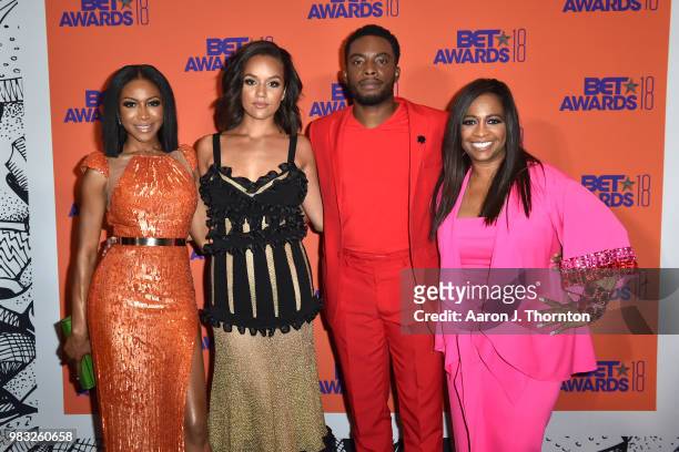 Gabrielle Dennis, Alyssa Goss, Woody McClain, and Sandi McCree pose in the press room at the 2018 BET Awards at Microsoft Theater on June 24, 2018 in...