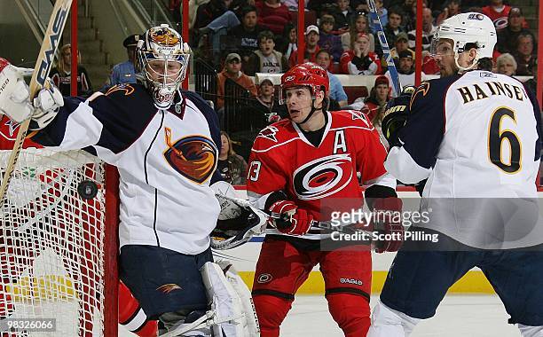 Ray Whitney of the Carolina Hurricanes watches as his defection shot on net goes wide during their NHL game against the Atlanta Thrashers on March...