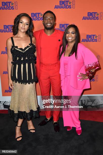 Alyssa Goss, Woody McClain, and Sandi McCree pose in the press room at the 2018 BET Awards at Microsoft Theater on June 24, 2018 in Los Angeles,...