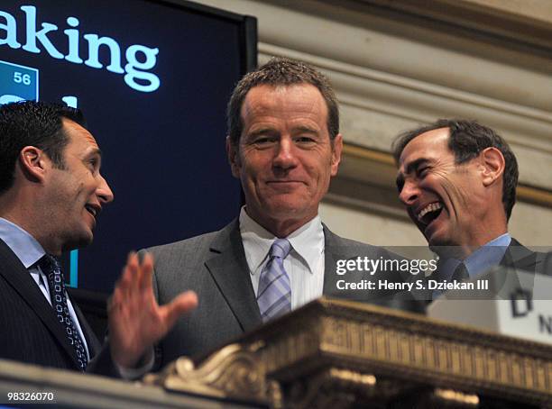 Actor Bryan Cranston rings the opening bell at the New York Stock Exchange on April 8, 2010 in New York City.