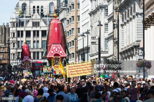 Hare Krishna devotees celebrate the annual Rathayatra festival in a colourful procession through central London. Rathayatra refers to the wooden...