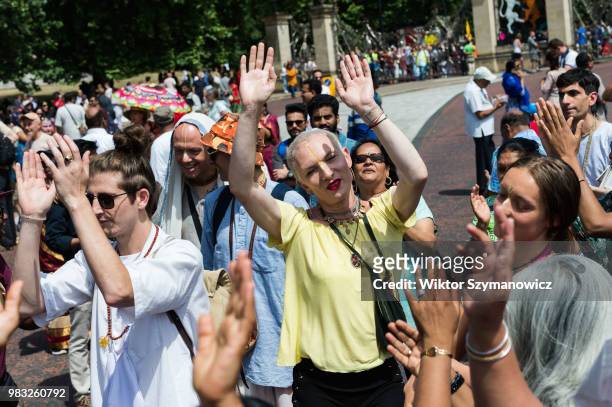Hare Krishna devotees sing and dance ahead of the annual Rathayatra procession through central London. Rathayatra refers to the wooden chariots...