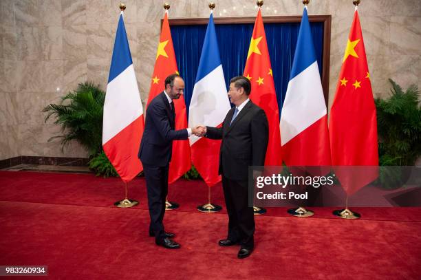 China's President Xi Jinping meets French Prime Minister Edouard Philippe at the Great Hall of the People in Beijing on June 25, 2018.