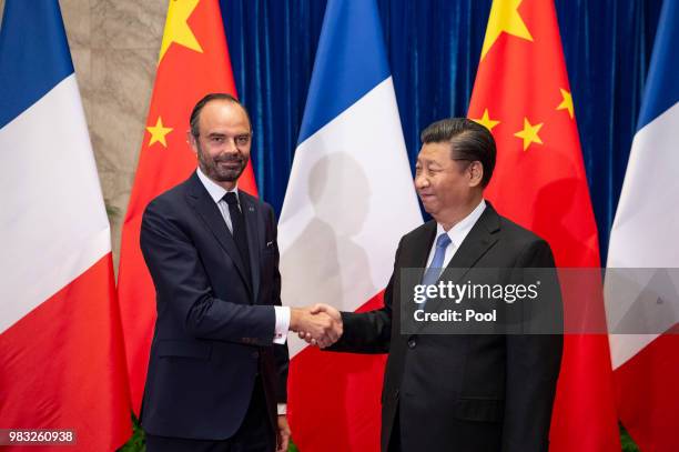 China's President Xi Jinping meets French Prime Minister Edouard Philippe at the Great Hall of the People in Beijing on June 25, 2018.