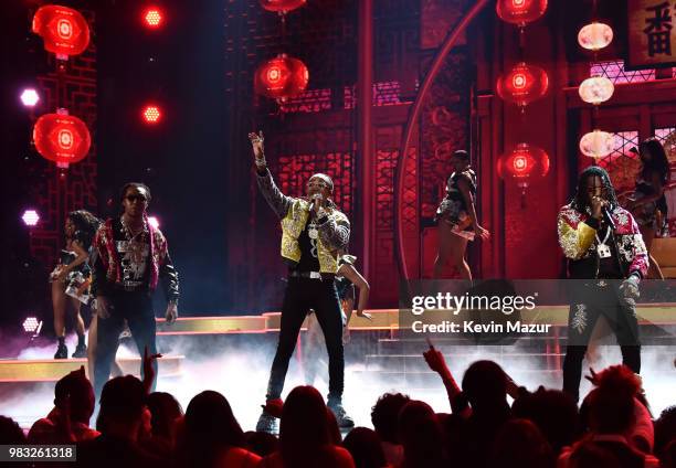 Takeoff, Quavo, and Offset of Migos perform onstage at the 2018 BET Awards at Microsoft Theater on June 24, 2018 in Los Angeles, California.