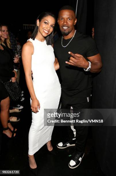 Corinne Foxx and host Jamie Foxx are seen backstage at the 2018 BET Awards at Microsoft Theater on June 24, 2018 in Los Angeles, California.